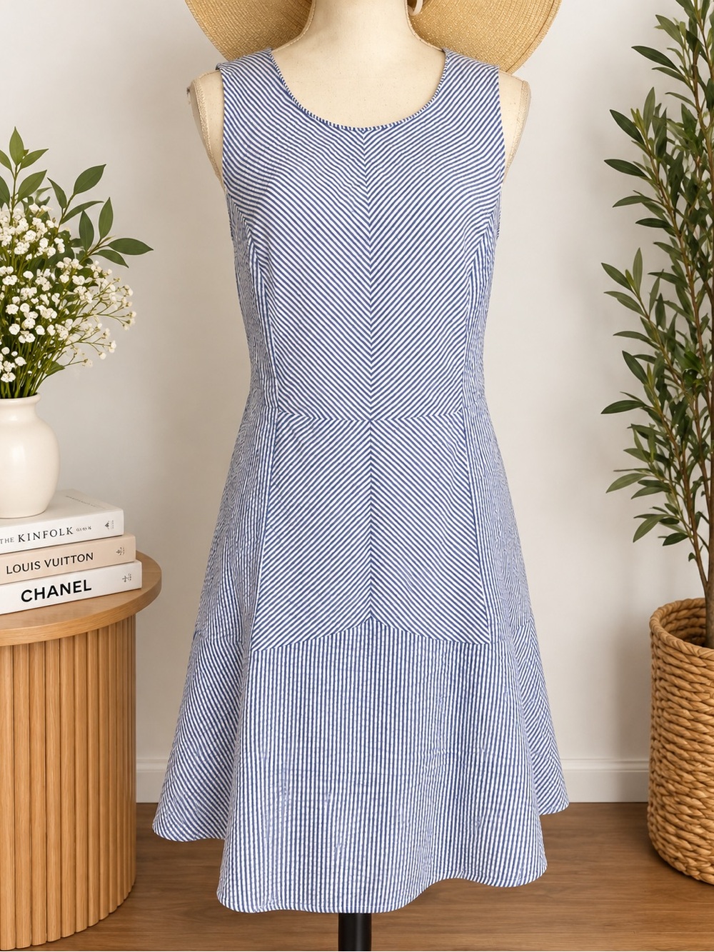 Nina Leonard Blue and White Seersucker A-Line Dress